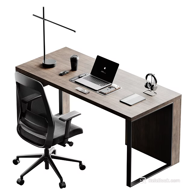 Modern Wooden Desk Setup With Laptop Desk Lamp Headphones Cup And Office Chair 3d model 