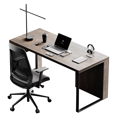 Modern Wooden Desk Setup With Laptop Desk Lamp Headphones Cup And Office Chair 3d model