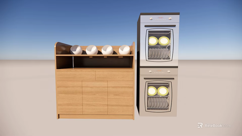 Modern Kitchen With Built In Stainless Steel Ovens Wooden Cabinet Open Shelf And White Bowls 3d model 