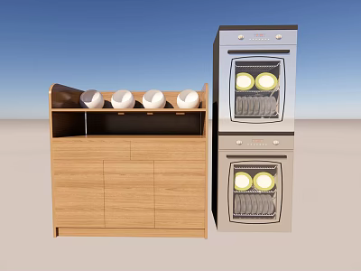 Modern Kitchen With Built In Stainless Steel Ovens Wooden Cabinet Open Shelf And White Bowls 3d model
