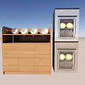 Modern Kitchen With Built In Stainless Steel Ovens Wooden Cabinet Open Shelf And White Bowls