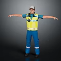 Man Standing in Yellow Reflective Vest Blue Work Uniform Cap Headphones With Arms Outstretched