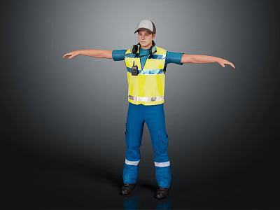 Man Standing in Yellow Reflective Vest Blue Work Uniform Cap Headphones With Arms Outstretched 3d model