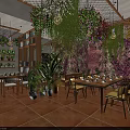 Cozy Cafe Interior With Hanging Green Plants Flower Wall Bookshelves And Wooden Dining Tables