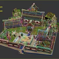 Cartoon Scene Of Traditional Chinese Architecture Courtyard With Curved Roofs Green Plants And Decorative Figures