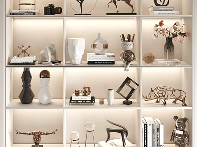 Decorative Ornament Set With Sculptures Vases Books Geometric Decor And Flower Arrangements On Display Shelves 3d model