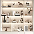 Decorative Ornament Set With Sculptures Vases Books Geometric Decor And Flower Arrangements On Display Shelves