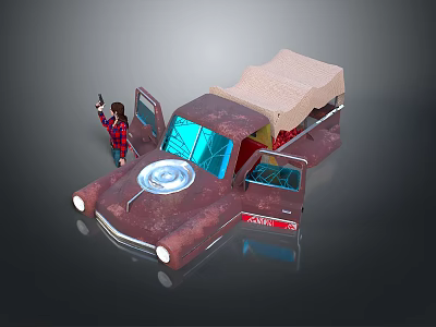 Vintage Rusty Car With Open Doors Beige Canopy Blue Circular Front And Plaid Shirt Figure 3d model
