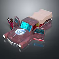Vintage Rusty Car With Open Doors Beige Canopy Blue Circular Front And Plaid Shirt Figure