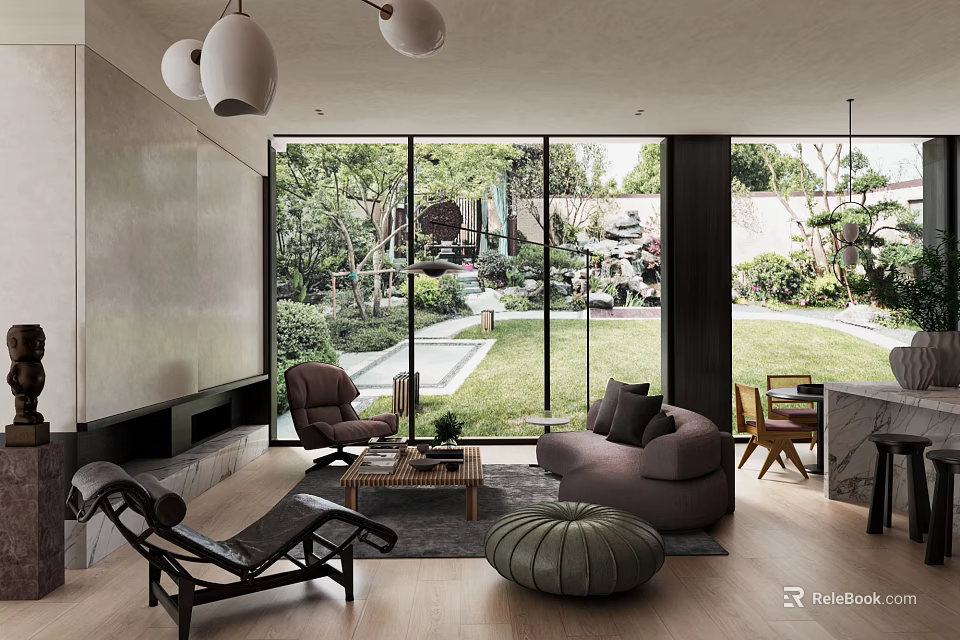 Modern Living Room Interior With Large Windows Outdoor Garden View Sofa Chairs And Coffee Table 3d model 