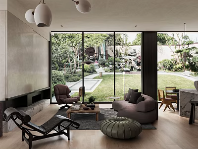 Modern Living Room Interior With Large Windows Outdoor Garden View Sofa Chairs And Coffee Table 3d model