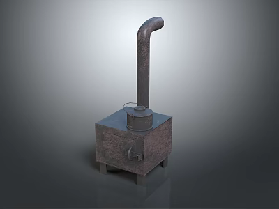 Vintage Metal Heating Stove With Square Body Curved Chimney And Four Legs 3d model