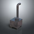 Vintage Metal Heating Stove With Square Body Curved Chimney And Four Legs