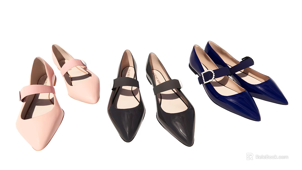 Stylish Women's Flat Pointed Toe Shoes Pink Black Navy Blue With Buckle Strap Design 3d model 