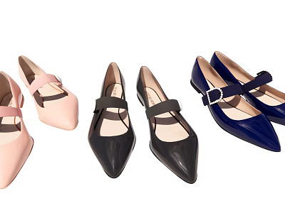 Stylish Women's Flat Pointed Toe Shoes Pink Black Navy Blue With Buckle Strap Design 3d model