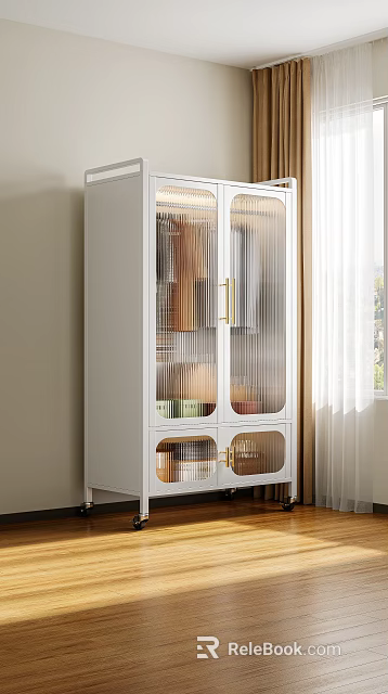 White Cabinet With Glass Doors And Golden Handles Holding Kitchenware Near Window Curtains 3d model 