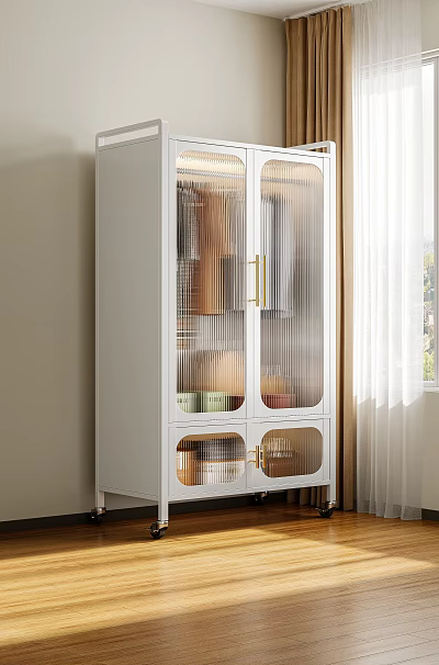 White Cabinet With Glass Doors And Golden Handles Holding Kitchenware Near Window Curtains 3d model
