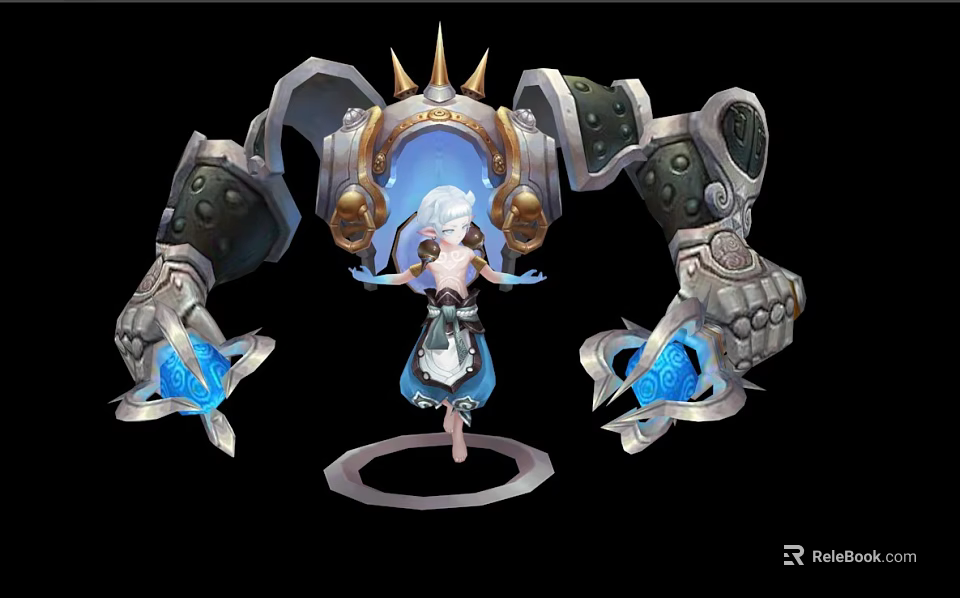 Anime Game Character Design White Haired Girl With Metallic Mechanical Arms Blue Glowing Orbs 3d model 