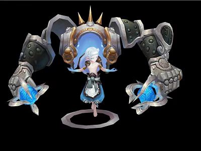 Anime Game Character Design White Haired Girl With Metallic Mechanical Arms Blue Glowing Orbs 3d model