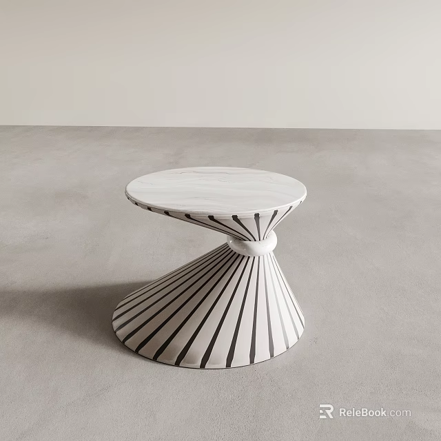 Modern Circular Side Table With White Marble Top And Striped Black Base Design 3d model 