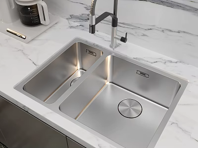 Stainless Steel Double Bowl Kitchen Sink with Marble Countertop and Modern Faucet 3d model