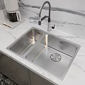 Stainless Steel Double Bowl Kitchen Sink with Marble Countertop and Modern Faucet