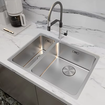 Stainless Steel Double Bowl Kitchen Sink with Marble Countertop and Modern Faucet 3d model