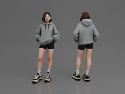 Casual Woman Wearing Gray Hoodie Black Shorts White Socks and Chunky Sneakers 3d model