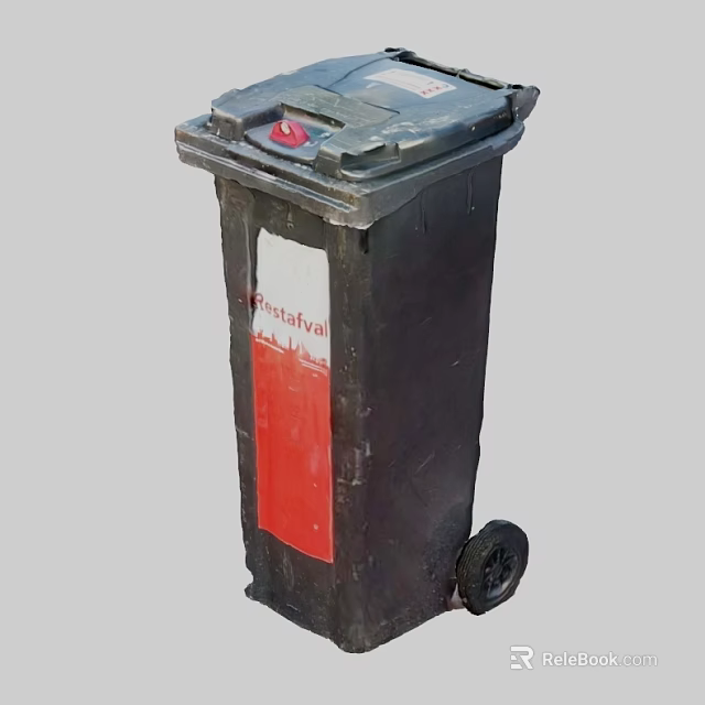 Black Trash Bin With Wheels And Red Label For Waste Management 3d model 