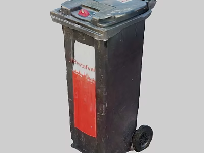 Black Trash Bin With Wheels And Red Label For Waste Management 3d model