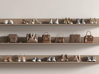 Stylish Shoes Collection with High Heels Flats Sneakers in White Beige Brown on Shelves 3d model