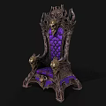 Ornate Throne Chair With Purple Padded Seat Skull Decorations And Metal Carvings