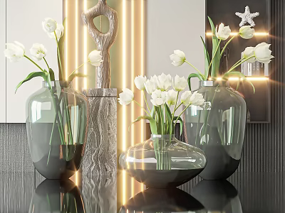 Gray Glass Vases With White Tulips Arranged On Modern Shiny Tabletop With Lighting 3d model