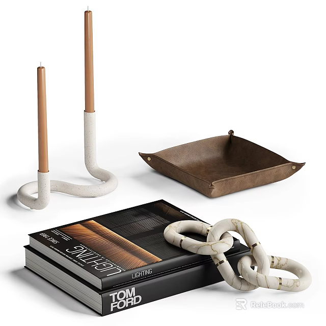 Decorative Ornament Set With White Candle Holders Brown Tray Black Books And Knotted Decor 3d model 