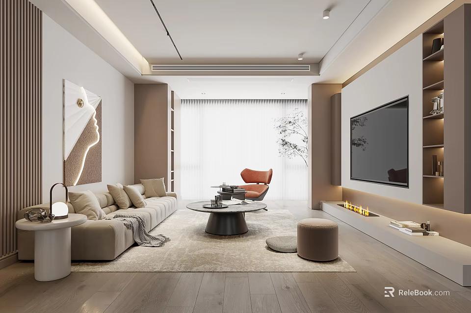 Modern Living Room Interior With Beige Sofa Accent Chair Coffee Table TV And Artwork Rug 3d model 