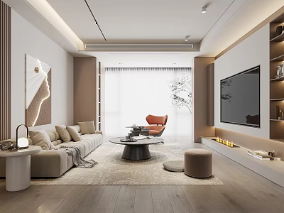 Modern Living Room Interior With Beige Sofa Accent Chair Coffee Table TV And Artwork Rug 3d model