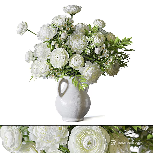 White Flowers with Green Leaves in Textured Ceramic Vase Arrangement 3d model 