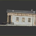 Cartoon Scene Featuring Classical Building Columns Gray Walls Black Roof Blue Signs And Flower Beds