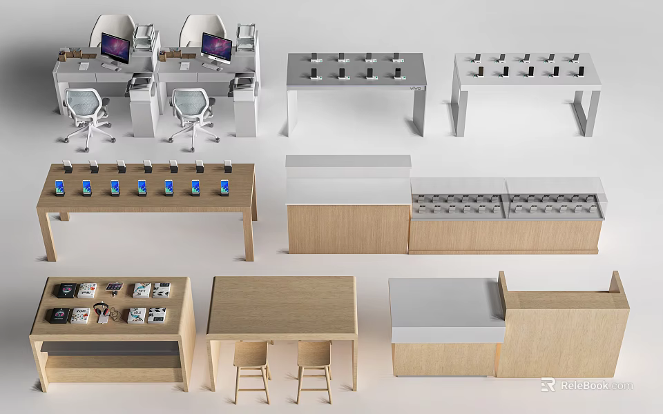 Modern Functional Desks With Wooden And White Design Featuring Mobile Phones And Laptops For Office 3d model 
