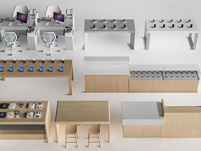 Modern Functional Desks With Wooden And White Design Featuring Mobile Phones And Laptops For Office 3d model