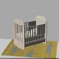 White Wooden Baby Crib With Carved Headboard And Wheels On Yellow Rug With Gray Patterns