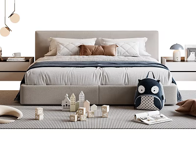 Cozy Kids Bed With Soft Pillows Wooden House Toys And Owl Backpack On Knitted Rug 3d model