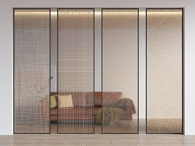 Modern Glass Room Divider Design With Textured Patterns And Living Room Sofa Background 3d model