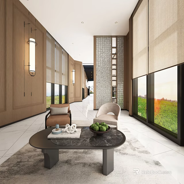 Modern Leisure Area Interior With Comfortable Chairs Coffee Table Decorative Lights And Large Windows 3d model 