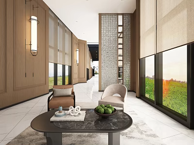 Modern Leisure Area Interior With Comfortable Chairs Coffee Table Decorative Lights And Large Windows 3d model