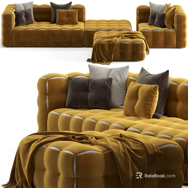 Mustard Tufted Velvet Sectional Sofa With Plush Pillows And Cozy Throw Blanket 3d model 