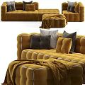 Mustard Tufted Velvet Sectional Sofa With Plush Pillows And Cozy Throw Blanket