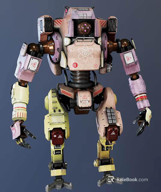 Game Or Movie Robot Character With Colorful Mechanical Design Atomic Symbol And Warnings 3d model 