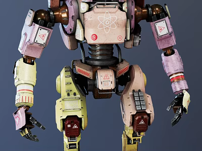 Game Or Movie Robot Character With Colorful Mechanical Design Atomic Symbol And Warnings 3d model