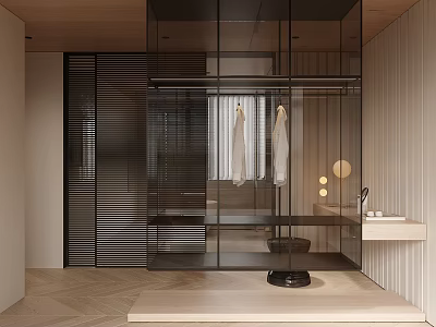 Modern Open Design Glass Wardrobe With Black Frame And Hanging White Garments 3d model